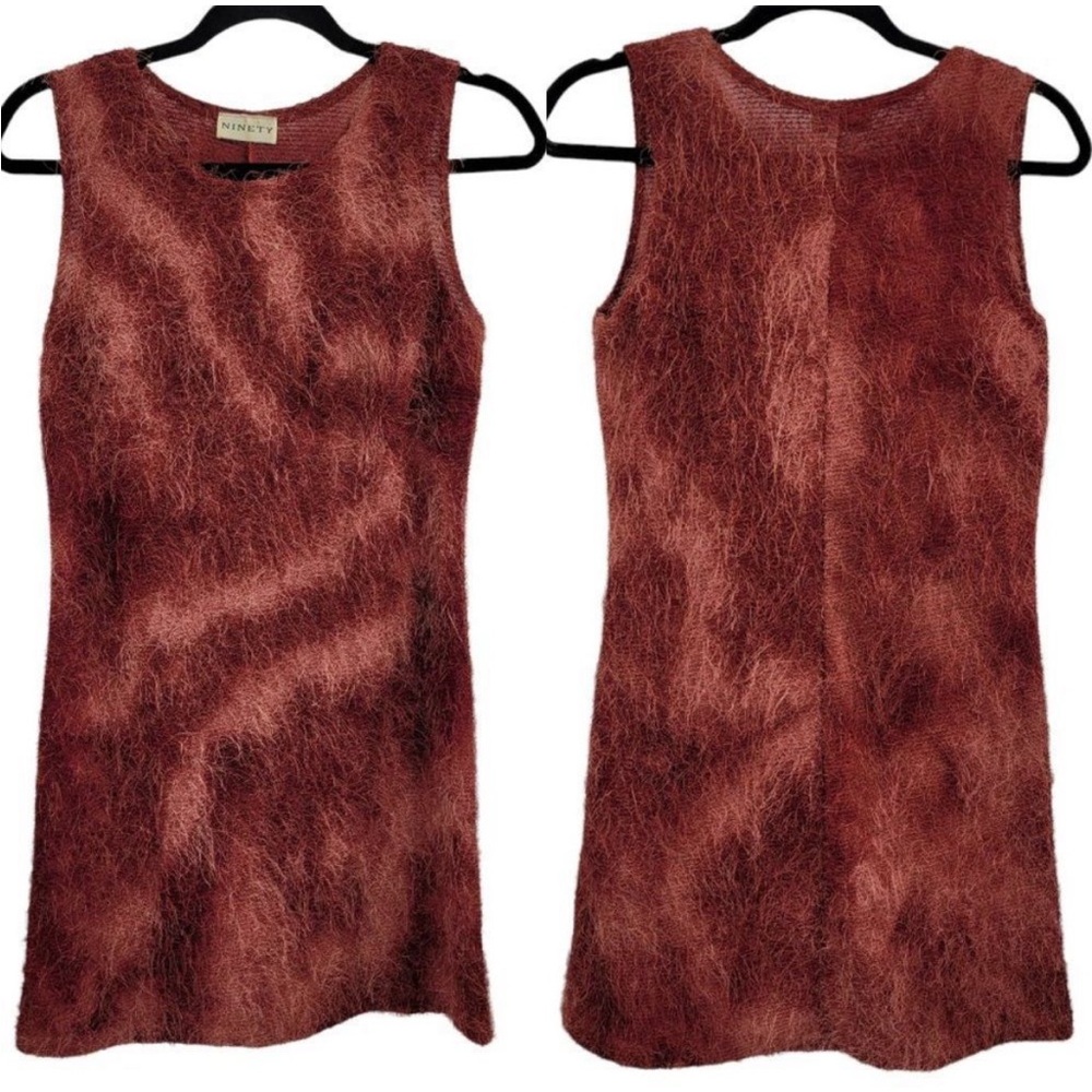 Vtg Y2K Dress Eyelash Fringe Tie Dye Stretch Sleeveless Mini Shift Maroon Sz S